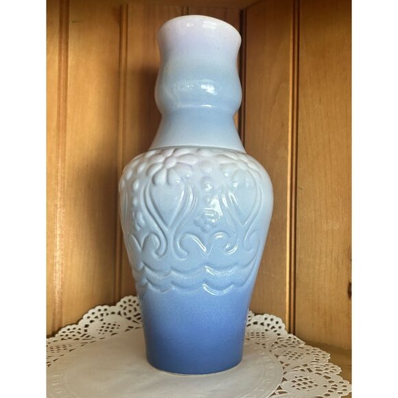 Vintage Art Deco Blue Ombre Ceramic Tall Vase Textured Floral Patterns Floral - Picture 3 of 7